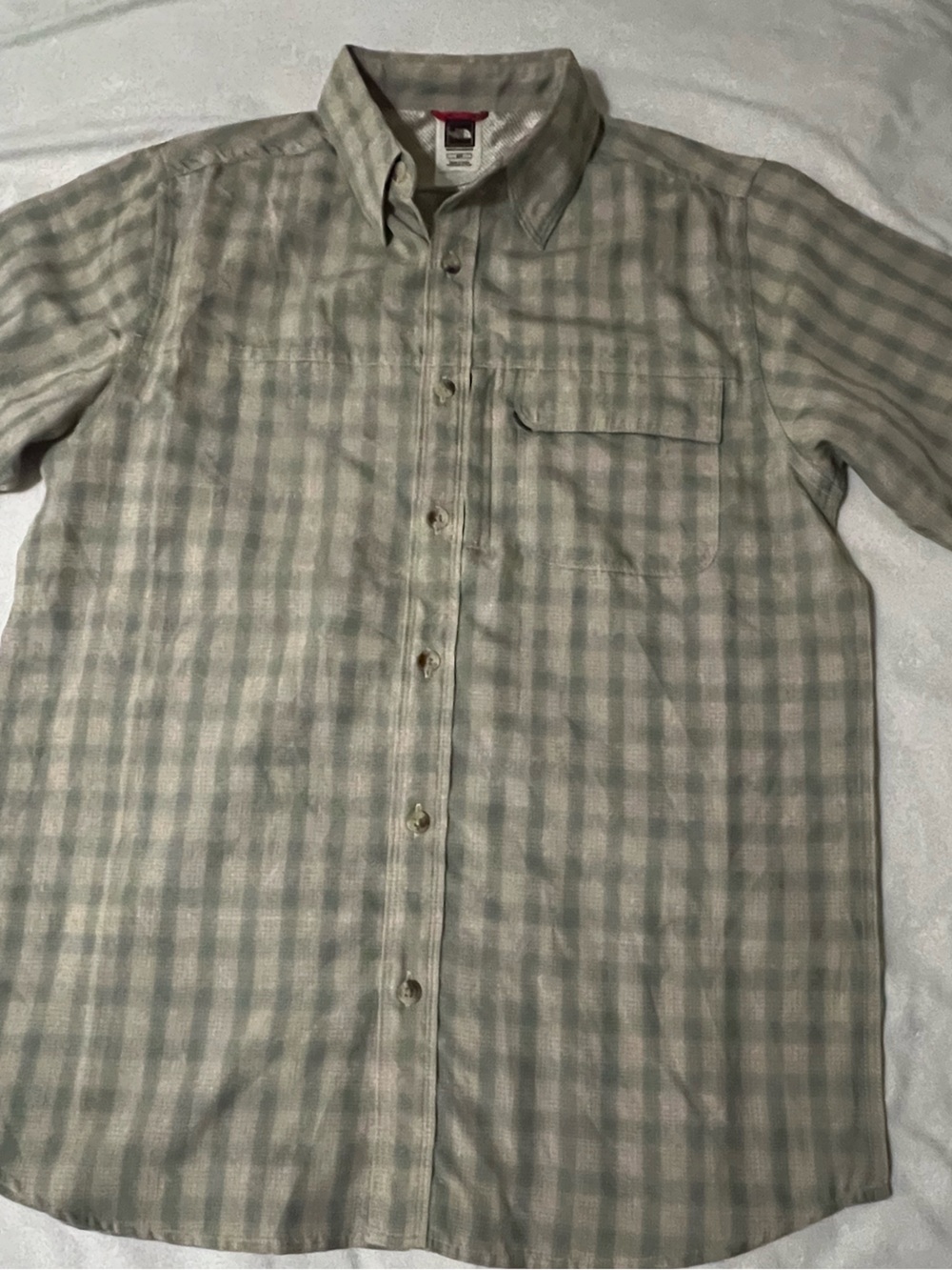 The North Face Men's Sage Green and Cream Plaid Short Sleeve Button Shirt